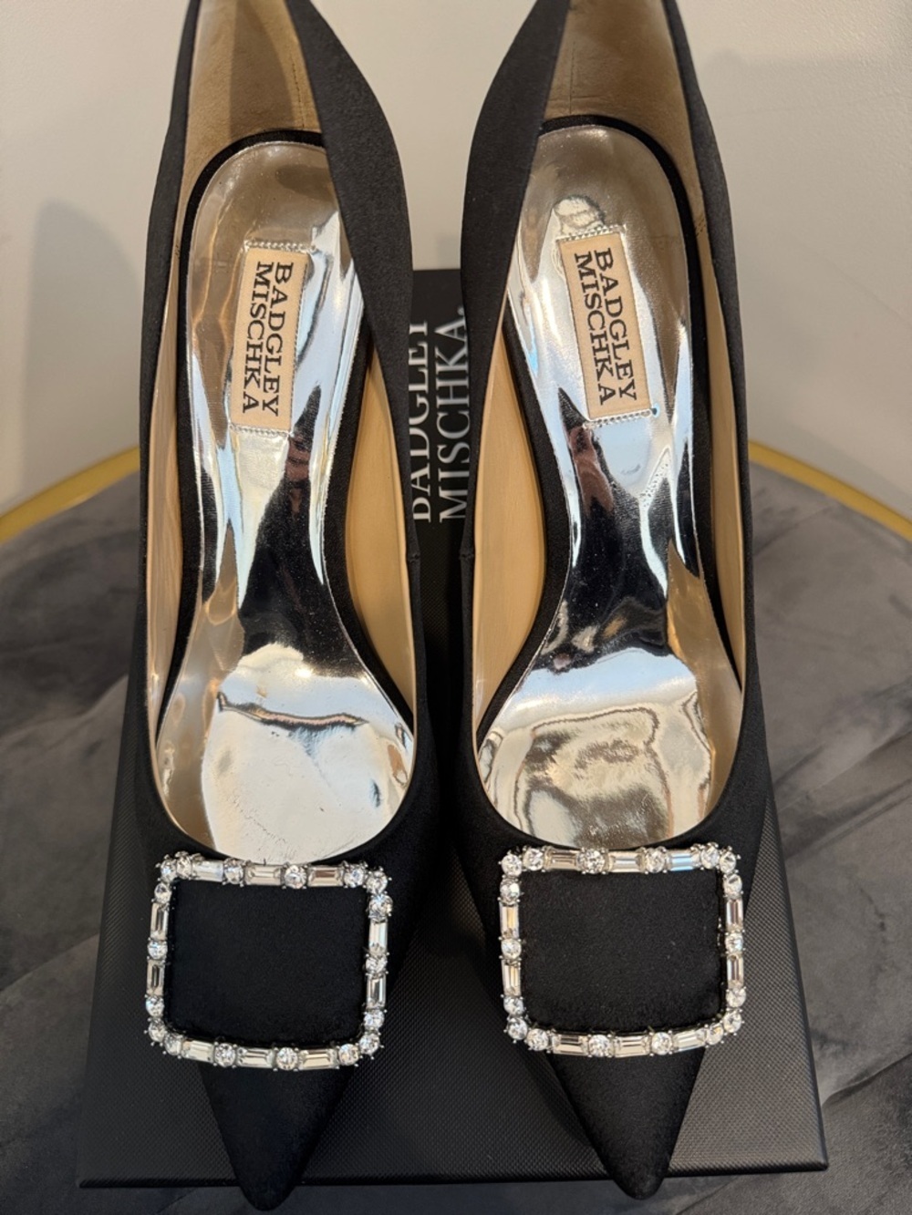 Badgley Mischka Devi Black Satin Pointed Pumps with Crystal Square Buckle - Picture 8 of 8
